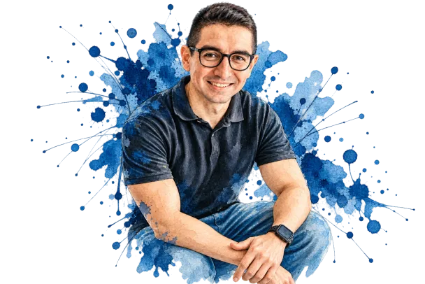 Carlos Girón sentado y sonriendo, con un polo oscuro, en acuarela.