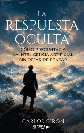 Cubierta de La respuesta oculta: un hombre de espaldas, en pie sobre una roca, contempla un mar de nubes al amanecer, cruzado por hilos de luz que unen pequeños símbolos. La escena evoca el Caminante sobre el mar de nubes de Friedrich.