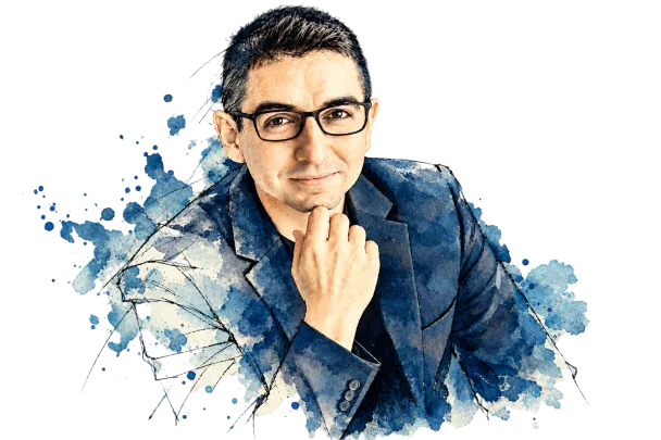 Retrato de Carlos Girón en acuarela: con gafas y chaqueta oscura, la mano apoyada en la barbilla, entre salpicaduras y trazos azules.